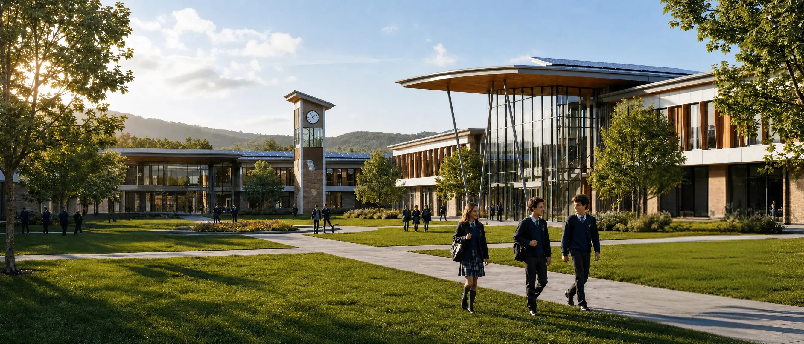 Students walking across a private school campus